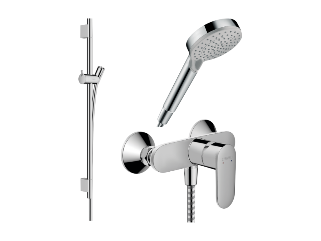 Boisona mechanical shower mixer pack with 2-speed cartridge, Boisona flexible hose bar, and Boisona chrome shower head AGZZ19703