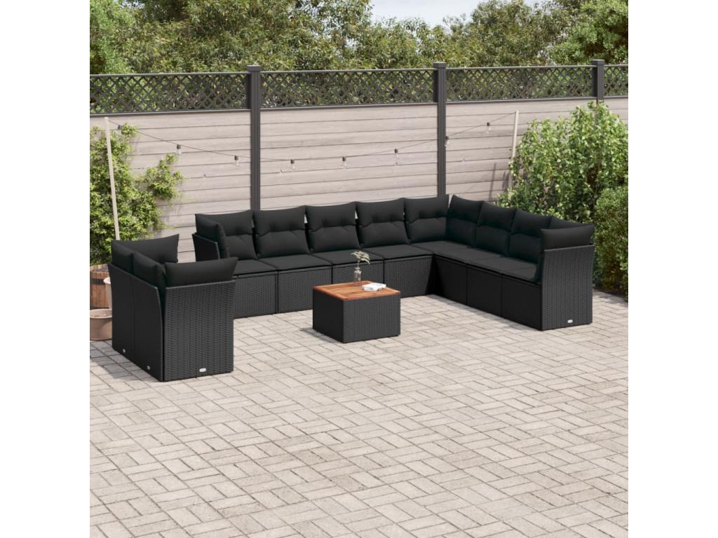 11-piece garden furniture set with cushions, black resin wicker KVYQ98490