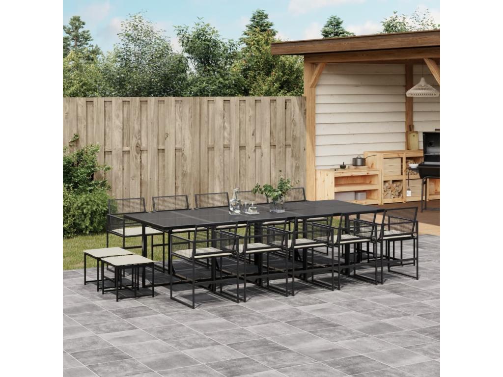 15-piece garden dining set with cushions, black resin wicker OHAK61151