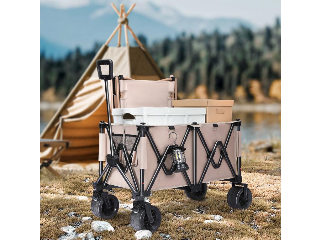 Folding Transport Cart with Brakes, 150KG Garden Cart, Removable All-Terrain Tires, Camping Cart, Light Brown SOEN33795