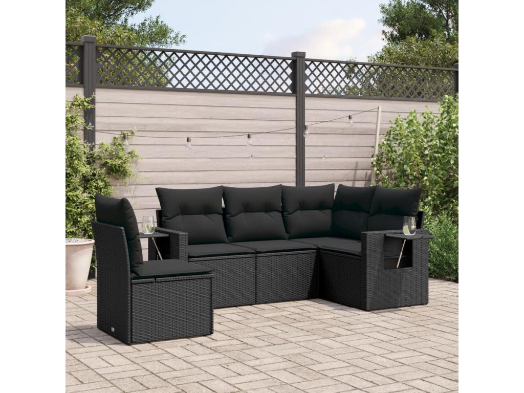 5-piece garden furniture set with cushions, black woven resin RODQ65888