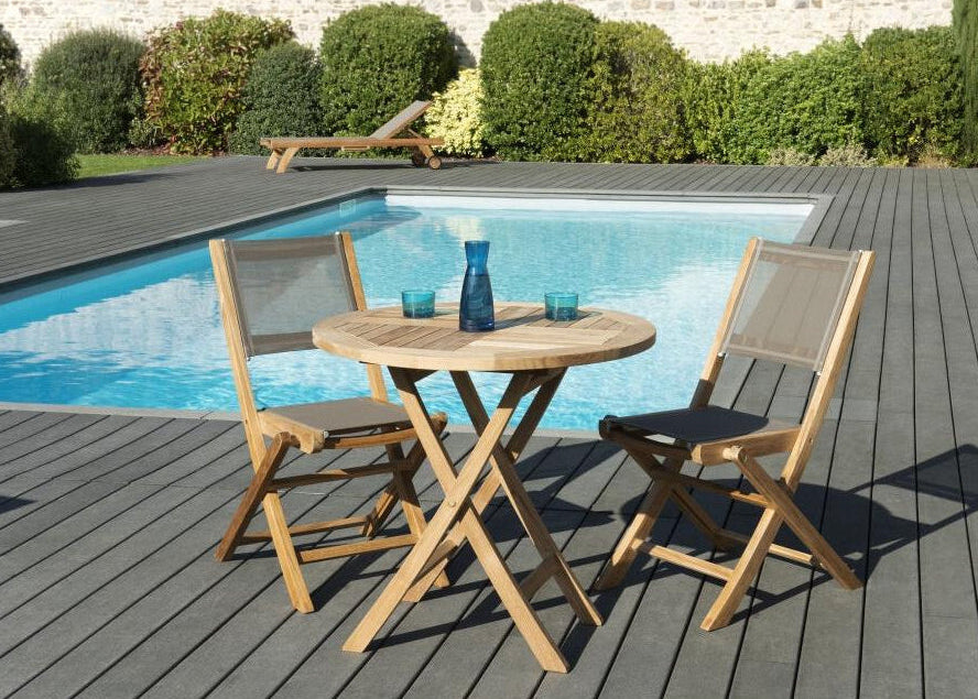 Nobellea - Teak Wood Garden Furniture Set for 2 People - Garden Set - 1 Round Folding Table 80 cm and 2 Textilene Chairs Nobellea HVVJ62463