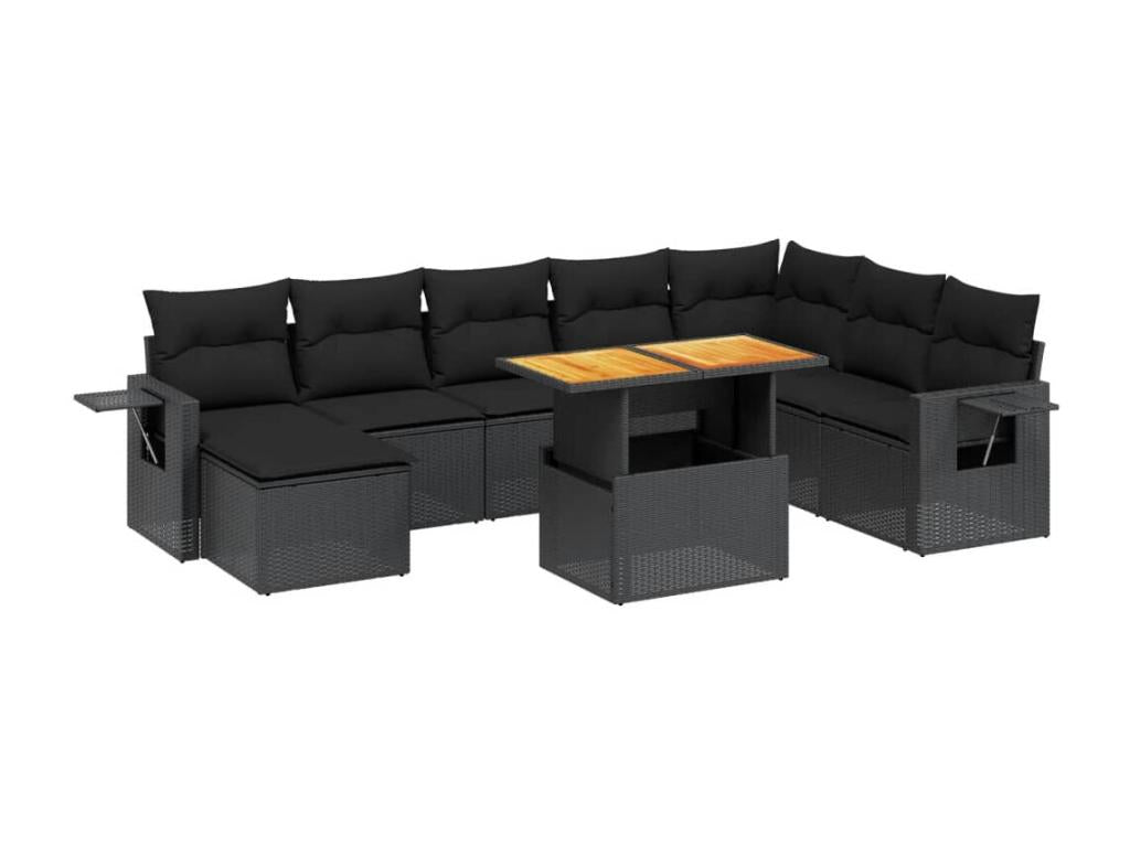 9-piece garden furniture set with cushions, black woven resin NNXS90391