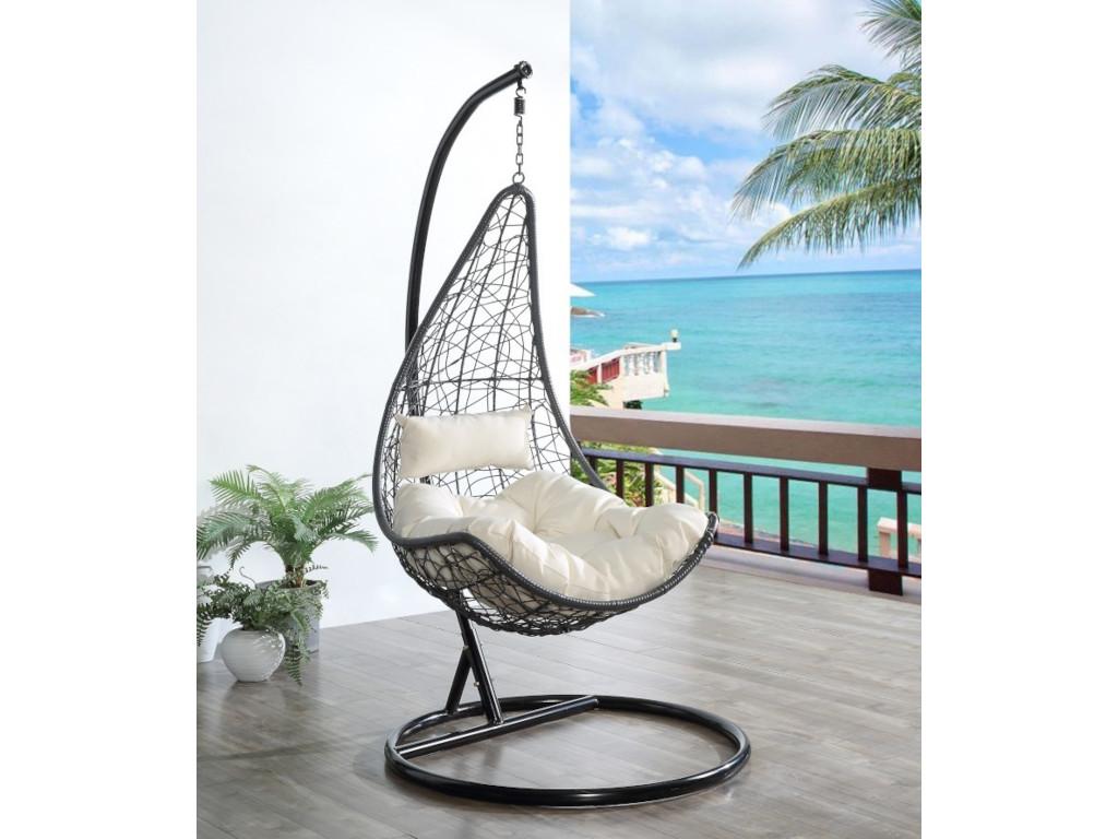 Hanging chair in woven resin - Black with white cushions - Boisona IRTN20658