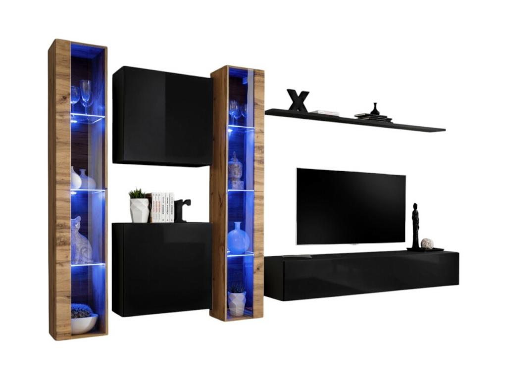 Boisona wall-mounted living room furniture set in glossy black and oak finish. RGXX44570