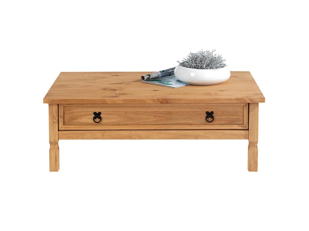 Mexican-style rectangular wooden coffee table with 1 large drawer in stained and waxed solid pine OMED90598