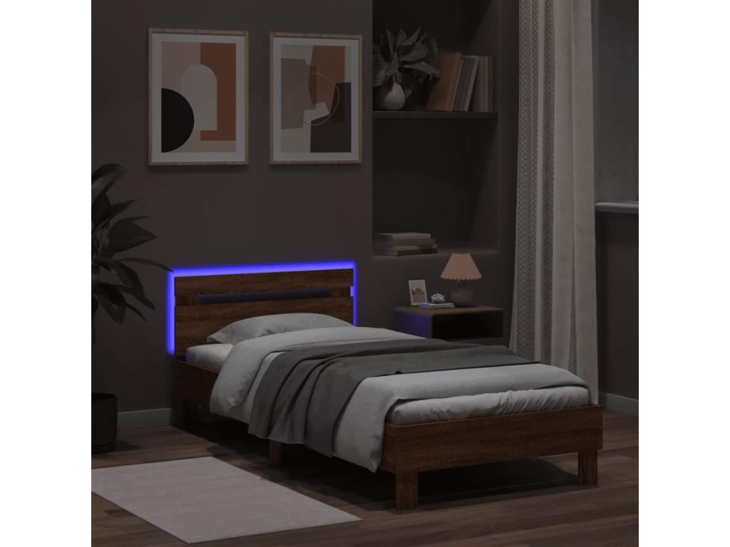 Bed frame, headboard and Nobelleaères LED, brown oak, 100x200cm AHEY17881