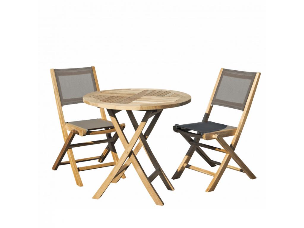 Nobellea - Teak Wood Garden Furniture Set for 2 People - Garden Set - 1 Round Folding Table 80 cm and 2 Textilene Chairs Nobellea HVVJ62463