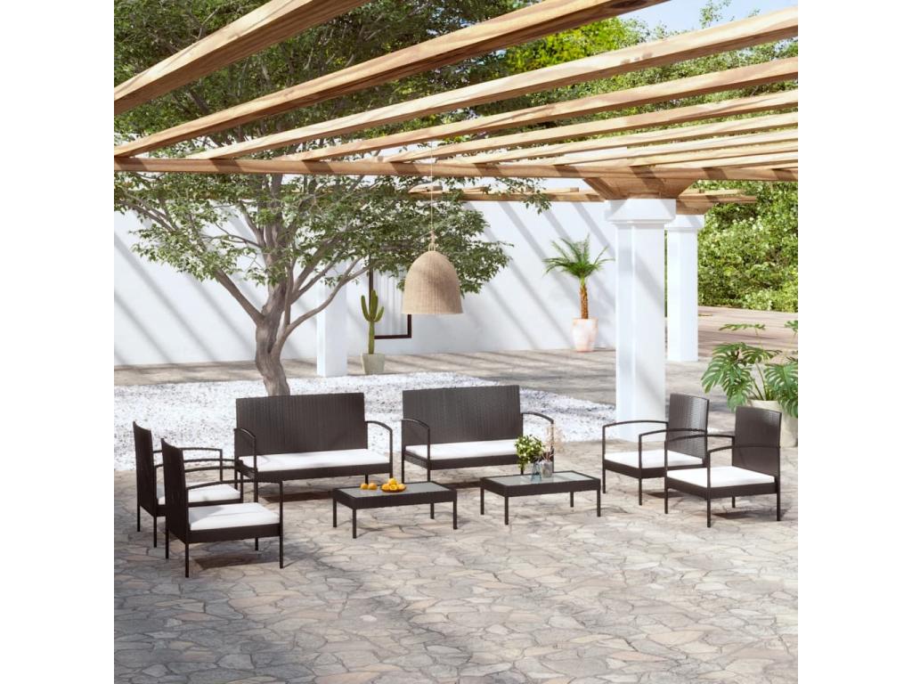 8-piece garden furniture set with cushions, black wicker resin, YOLN66199
