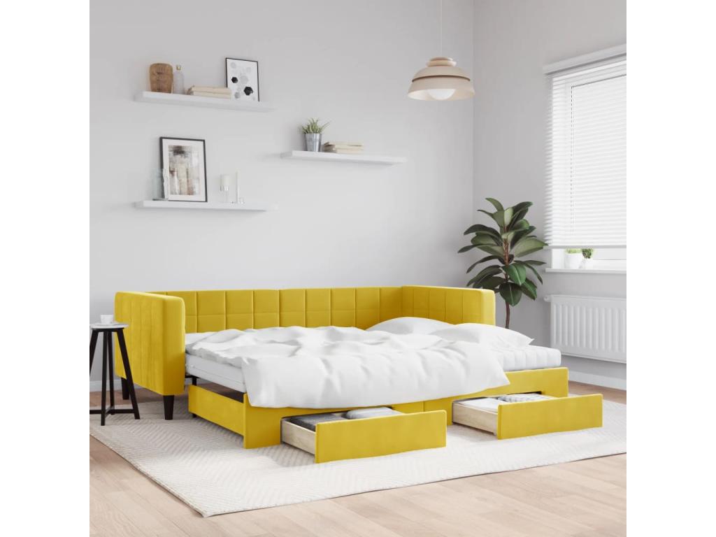 Daybed with pull-out bed and drawers, yellow, 90x200 cm, velvet, AKDR62032