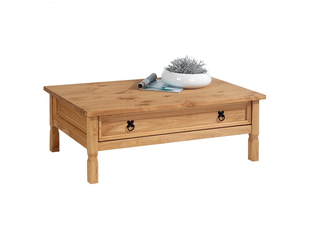 Mexican-style rectangular wooden coffee table with 1 large drawer in stained and waxed solid pine OMED90598