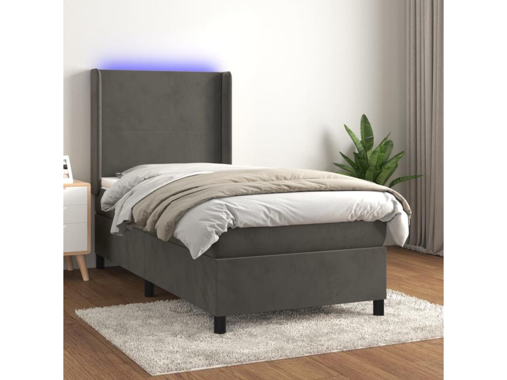 Upholstered bed base and mattress with LED lighting, Dark Grey, 90x200cm, Velvet, JIRU44538
