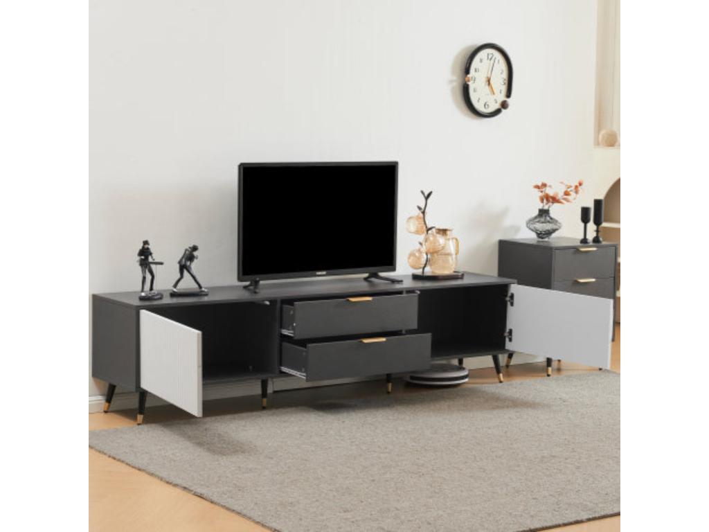 Grey and white TV stand - 2 drawers, 2 doors, 115cm diameter x 17.5cm high, WDTQ26543