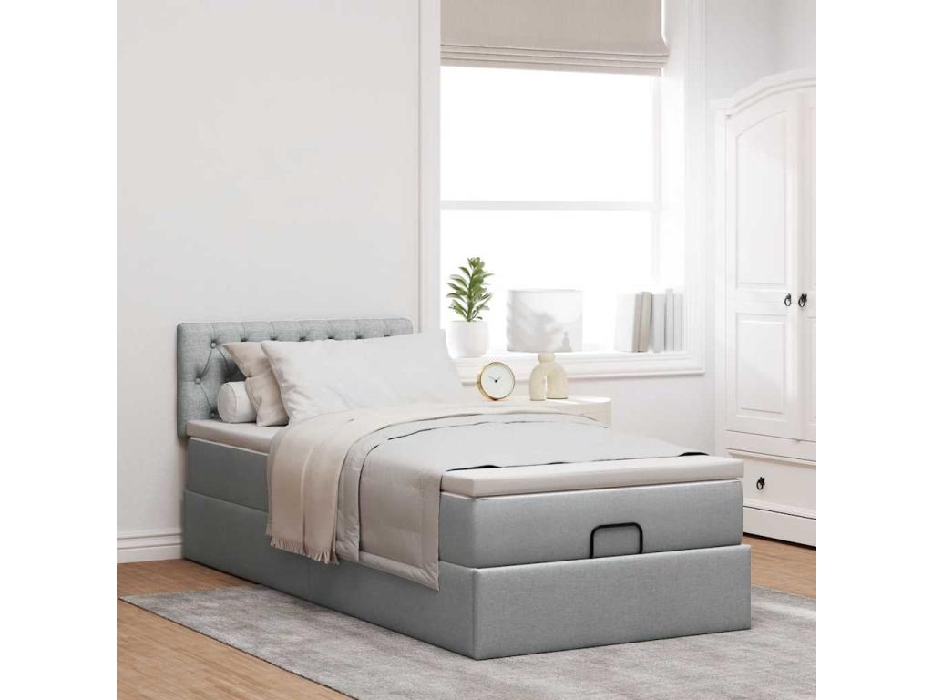 Ottoman bed frame and light grey mattress 90x200 cm fabric VIGE27127