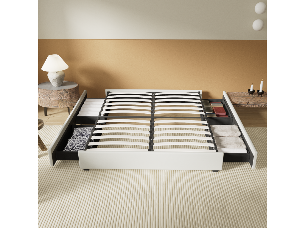 140x200 cm bed with drawers, wooden slatted base, white fabric frame XIYJ88352