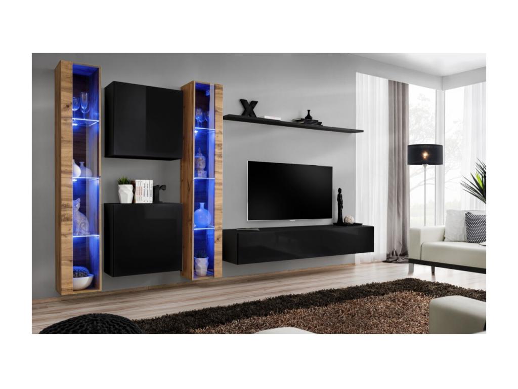 Boisona wall-mounted living room furniture set in glossy black and oak finish. RGXX44570