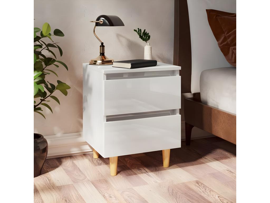 Bedside table with pine legs, glossy white, 40x35x50 cm, ZLLS81265
