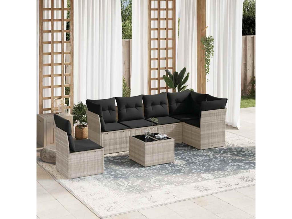 7-piece garden furniture set with cushions, light grey woven resin VAFB78880