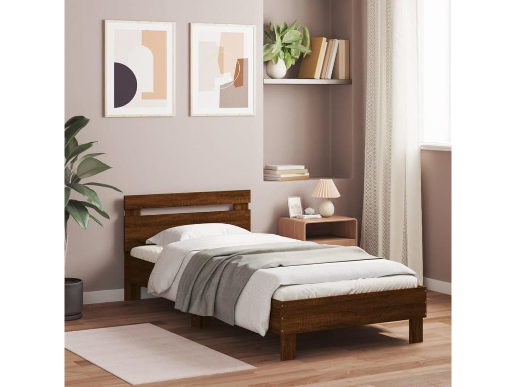 Bed frame, headboard and Nobelleaères LED, brown oak, 100x200cm AHEY17881