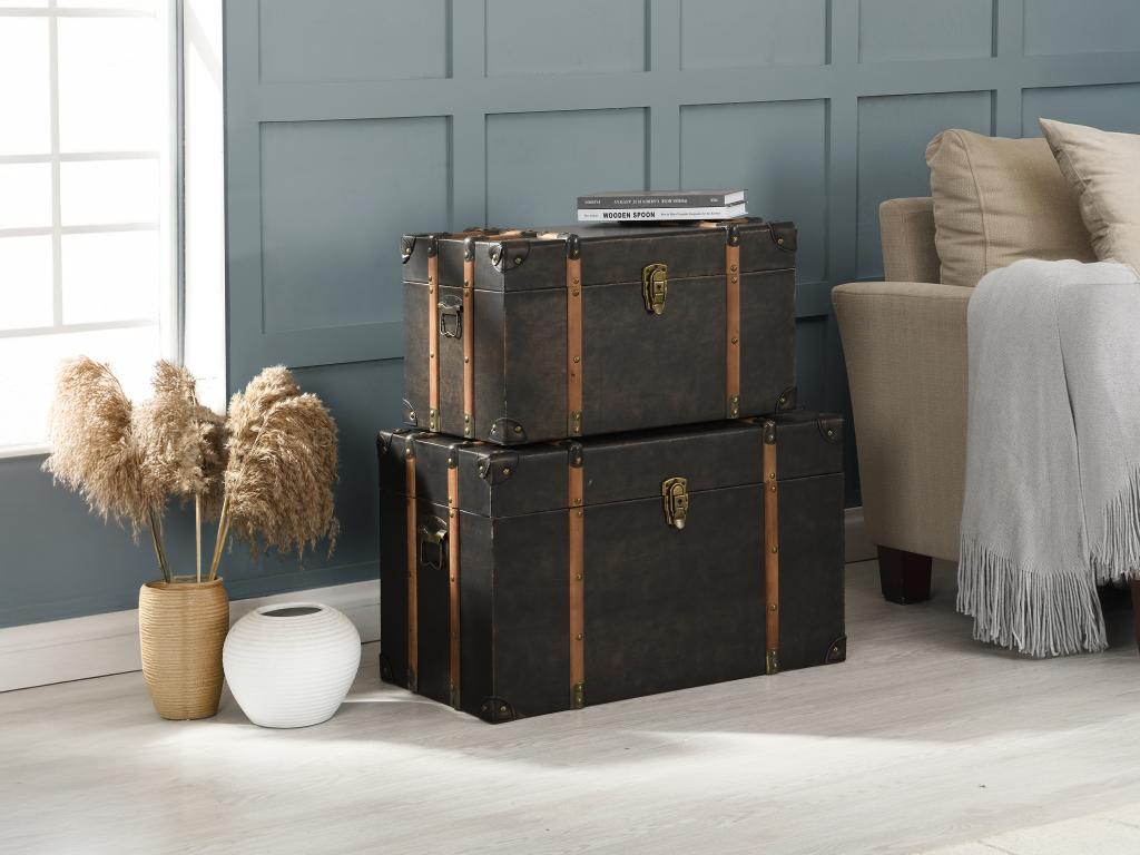 Set of 2 wooden and MDF trunks - Faux leather upholstery - W- 64 x D- 39 x H- 34 cm and W- 54 x D- 30 x H- 30 cm - Dark brown - Nobellea YYYU96689