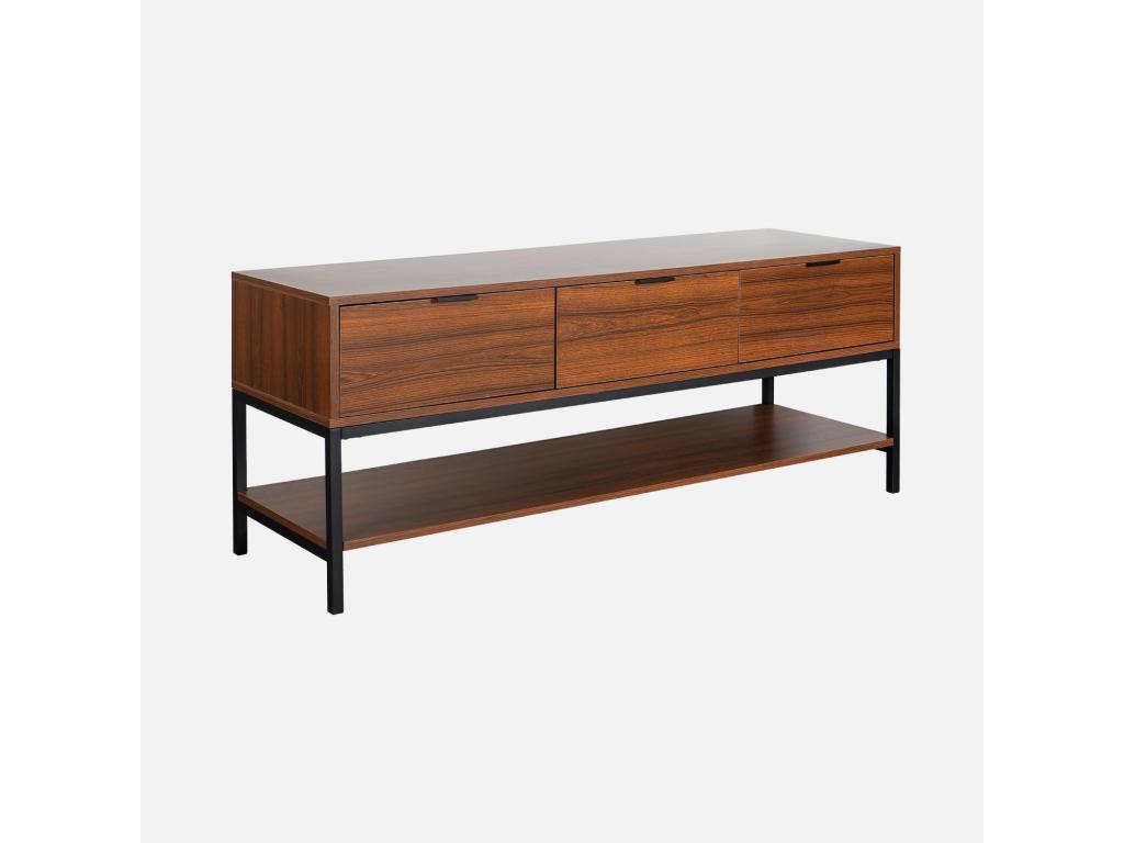 TV stand in walnut finish, 130cm wide, with black metal legs and handles - 3 drawers and 1 lower shelf DCHI98166