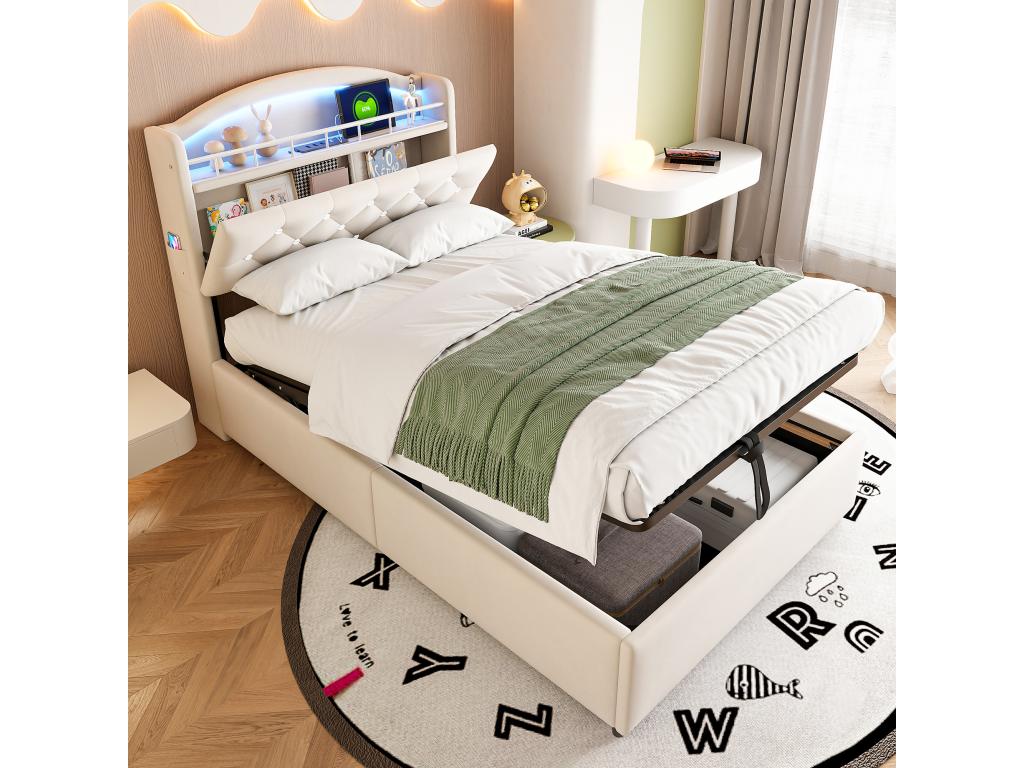 Children's storage bed 90x200cm - Velvet - with LED - with USB - beige, mattress not included BDFK85689