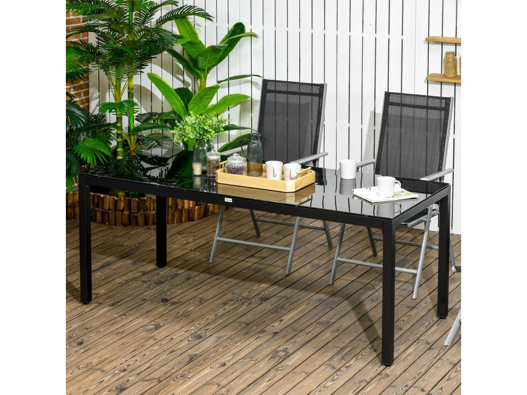 Rectangular garden table for 8 people, dimensions: 180L x 80W x 72H cm, aluminum with black tempered glass top, UJBS98673