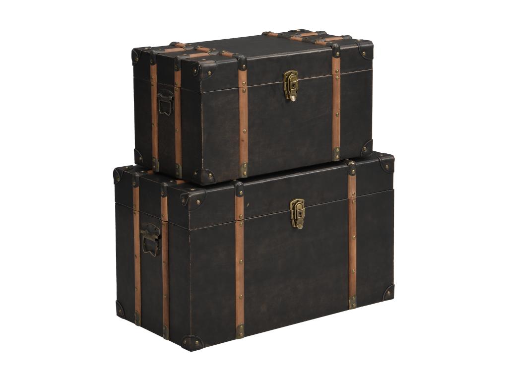 Set of 2 wooden and MDF trunks - Faux leather upholstery - W- 64 x D- 39 x H- 34 cm and W- 54 x D- 30 x H- 30 cm - Dark brown - Nobellea YYYU96689