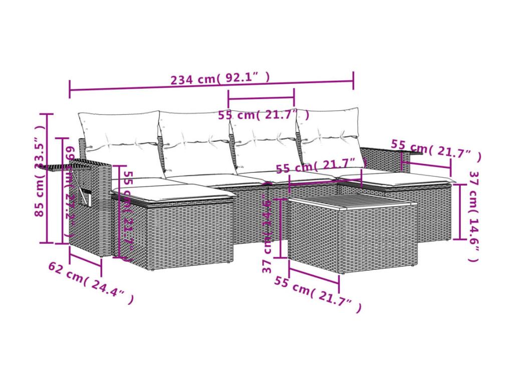 7-piece garden furniture set with cushions, black resin wicker QQDU32404