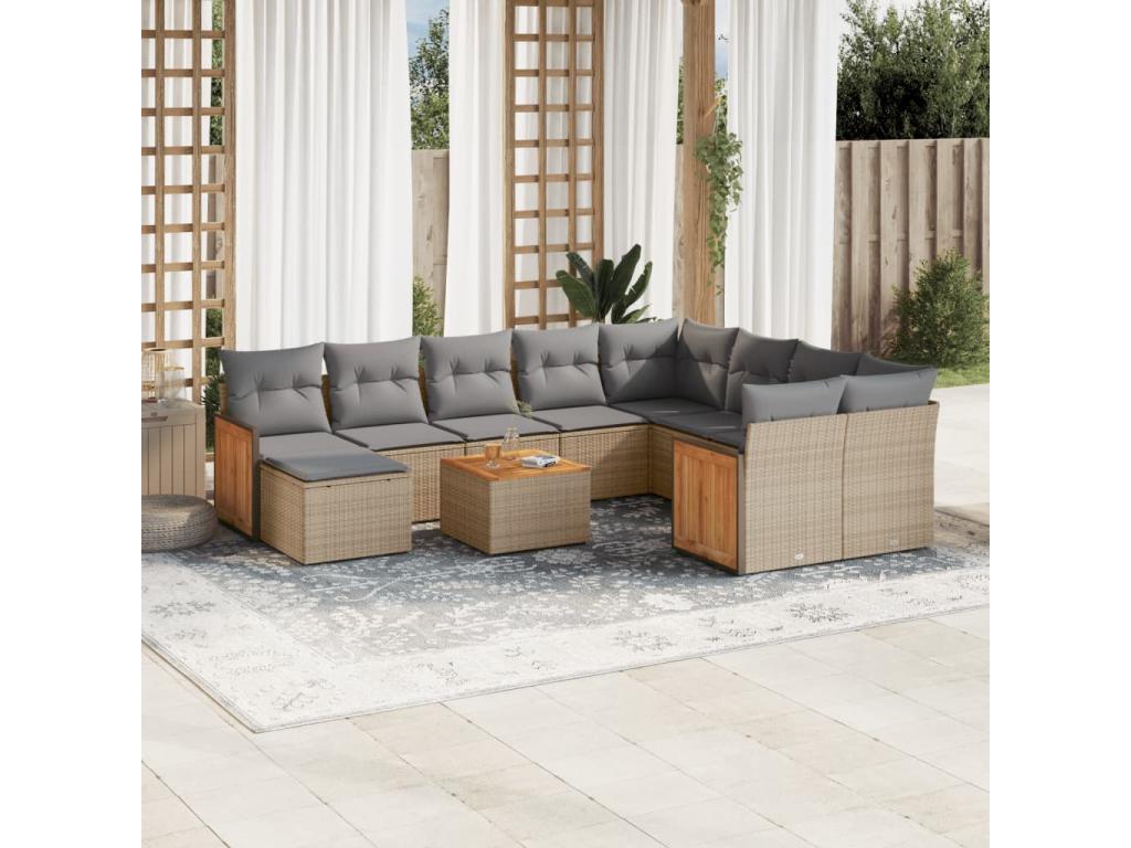11-piece garden furniture set with beige resin wicker cushions HUQQ17685