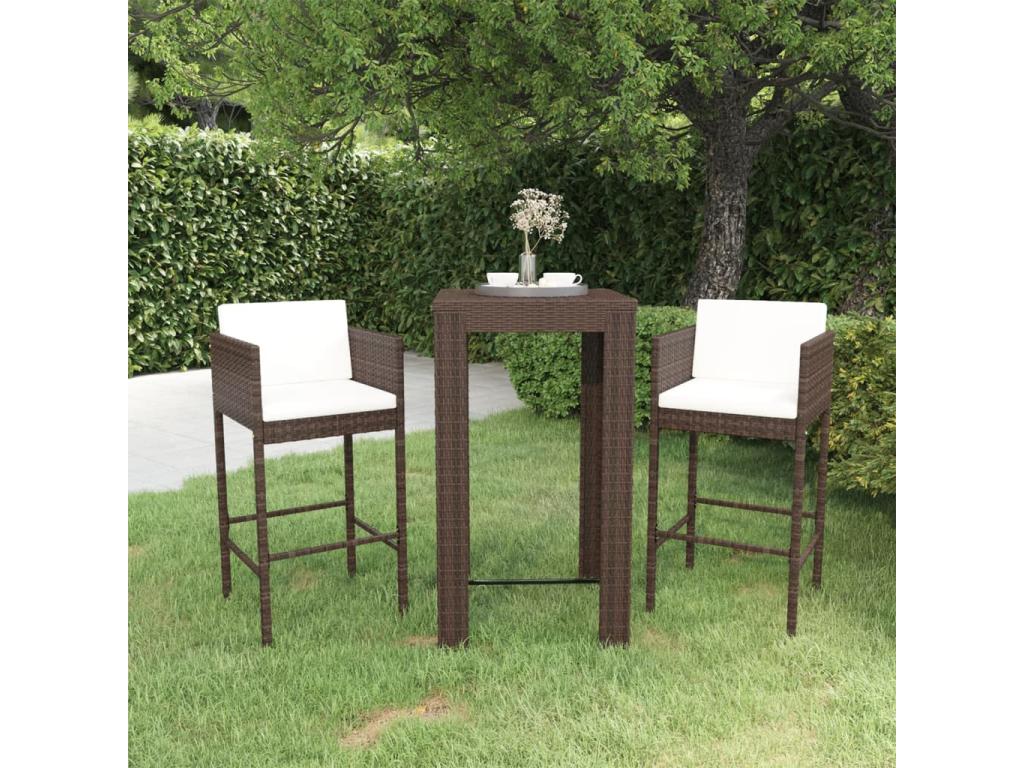 3-piece garden bar furniture and cushions, brown woven resin, GJLR75114