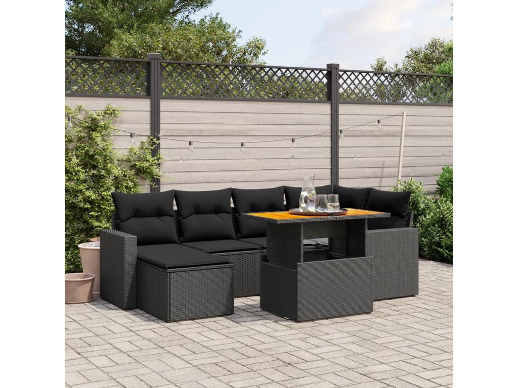 7-piece garden furniture set with cushions, black woven resin CCCB56495