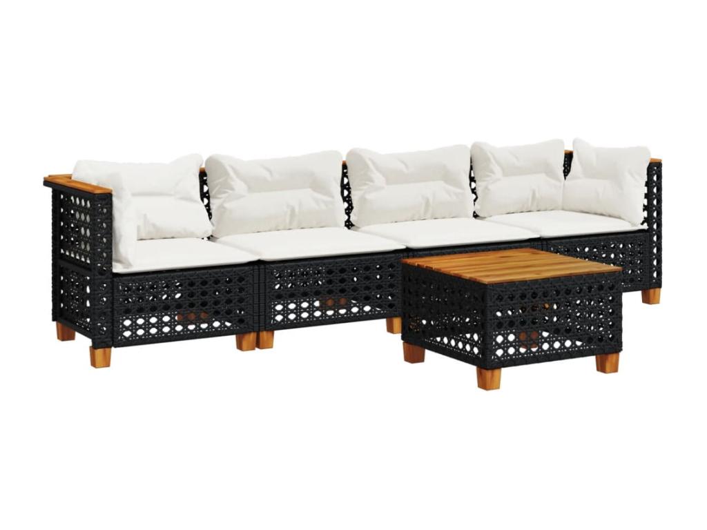 5-piece garden furniture set with cushions, black woven resin ENTW25308