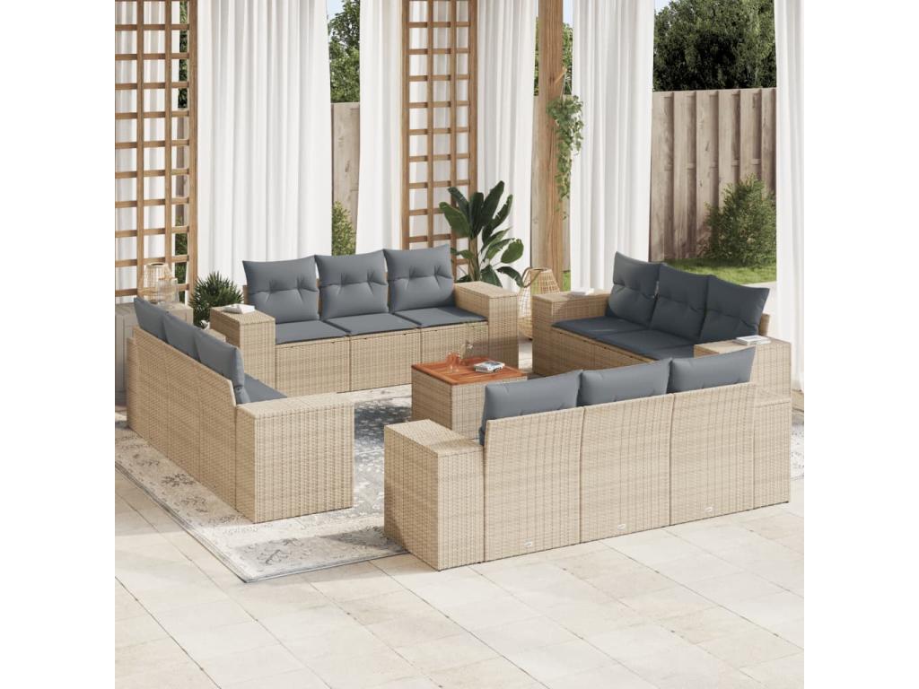 13-piece garden furniture set with cushions, beige woven resin, SZNE33242