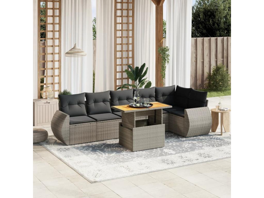 Garden furniture set with cushions, 7 pieces, grey woven resin, IATR35548