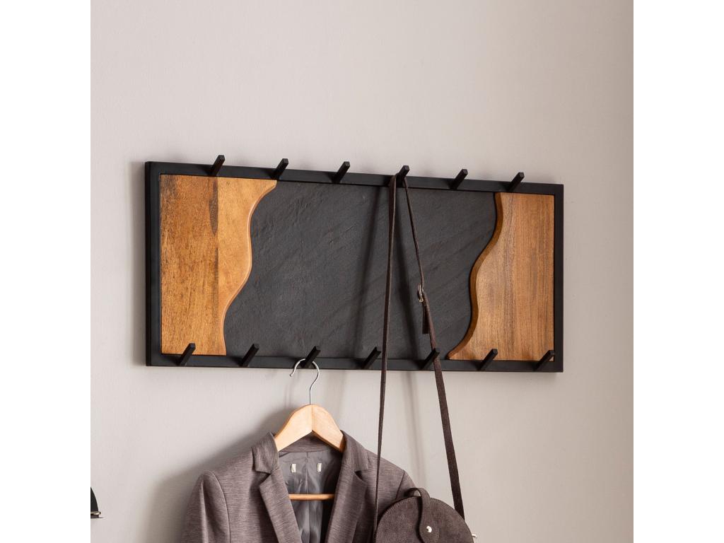 Wall-Mounted Coat Rack with 13 Hooks, Solid Wood and Metal, 80 cm, for Hallway, KWRO43708