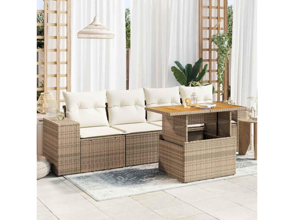 5-piece garden furniture set with cushions, beige woven resin RTWH06195