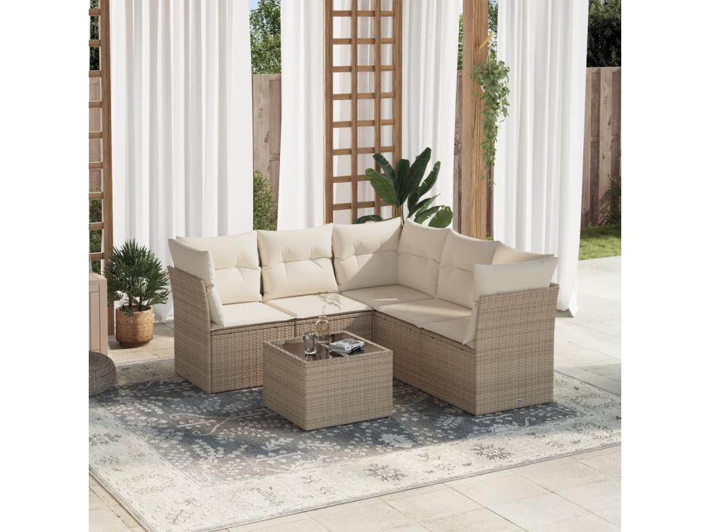 Garden furniture set with cushions, 6 pieces, beige woven resin, PDDD07135