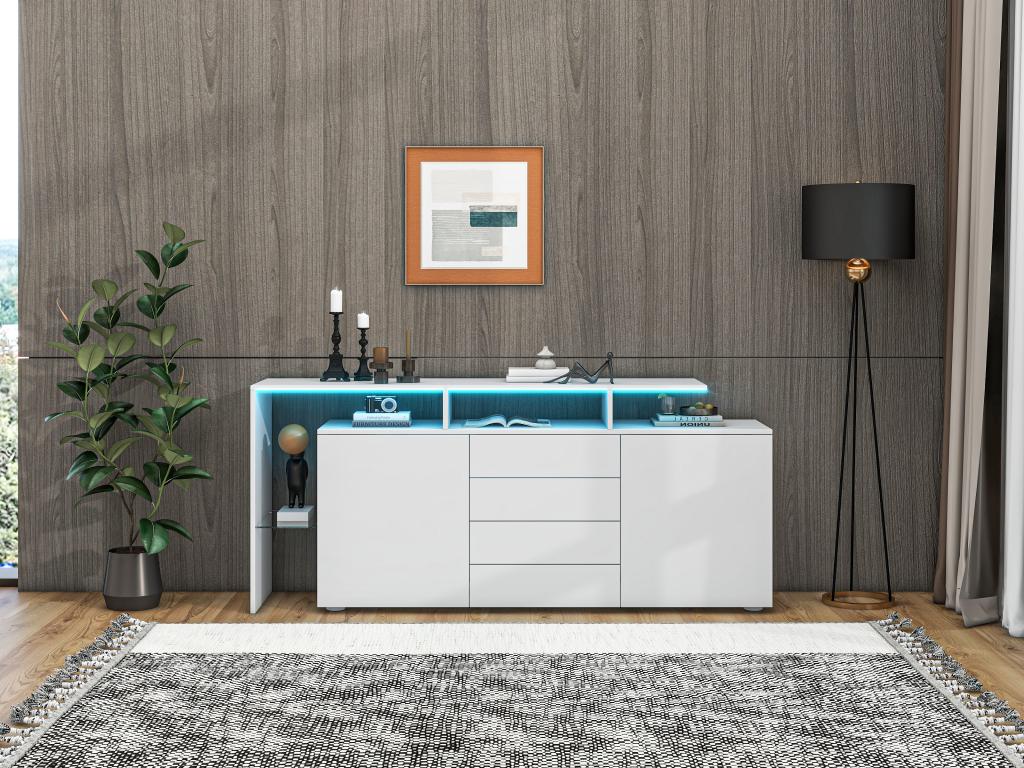 Low sideboard with 4 drawers, 2 doors and a glass shelf - LEDs - MDF wood - for living room or kitchen - glossy white FKVG44775