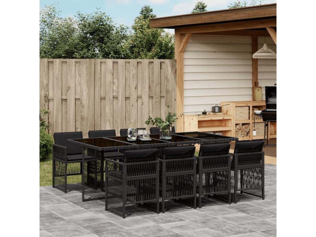 9-piece garden dining set with cushions, black resin wicker, UQFQ71795