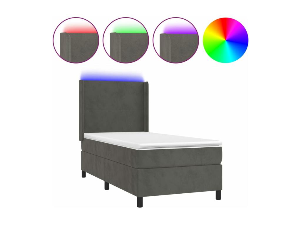 Upholstered bed base and mattress with LED lighting, Dark Grey, 90x200cm, Velvet, JIRU44538