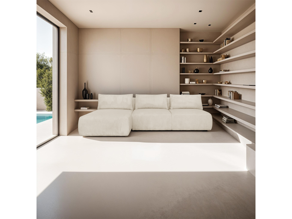 Left-hand corner sofa bed, 4-seater with storage compartment in beige corduroy - Boisona FUHI44673