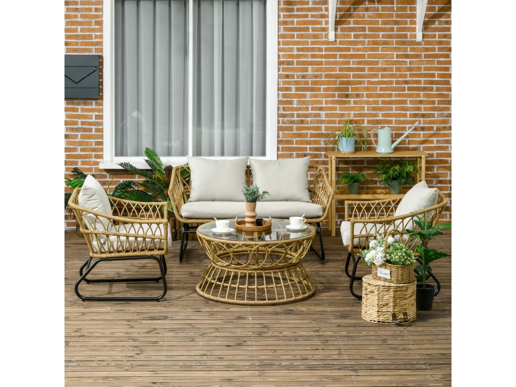4-seater, 4-piece garden furniture set with 7 cushions included, epoxy-coated steel, beige woven resin ZLAQ19636