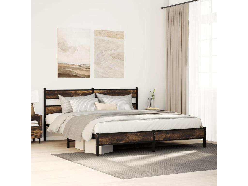 Metal bed frame without mattress, smoked oak, 193x203 cm, VWWS86708