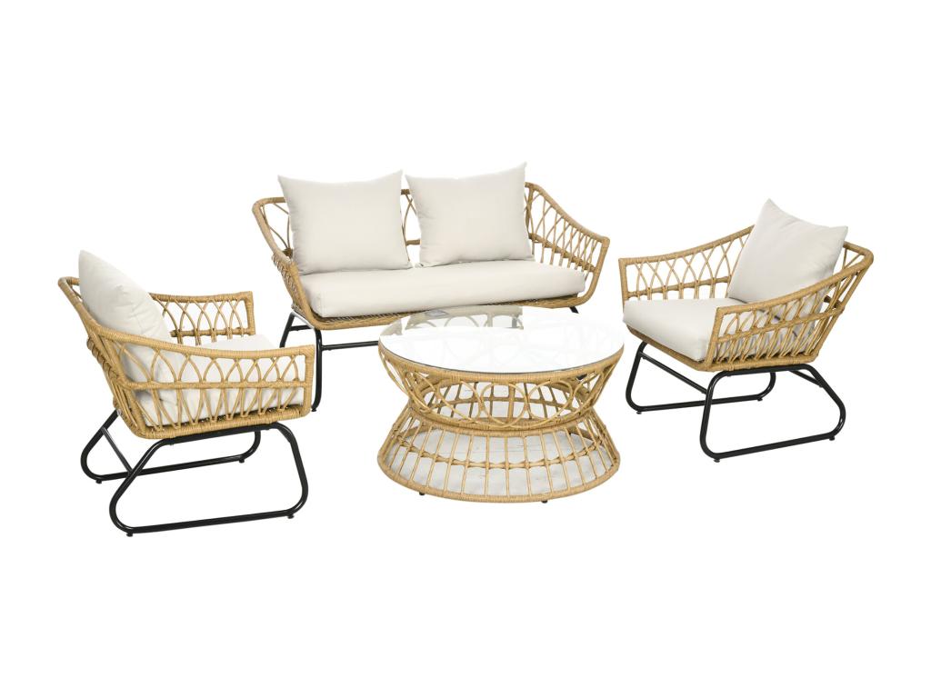 4-seater, 4-piece garden furniture set with 7 cushions included, epoxy-coated steel, beige woven resin ZLAQ19636
