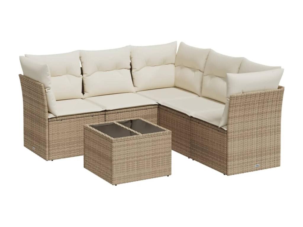 Garden furniture set with cushions, 6 pieces, beige woven resin, PDDD07135