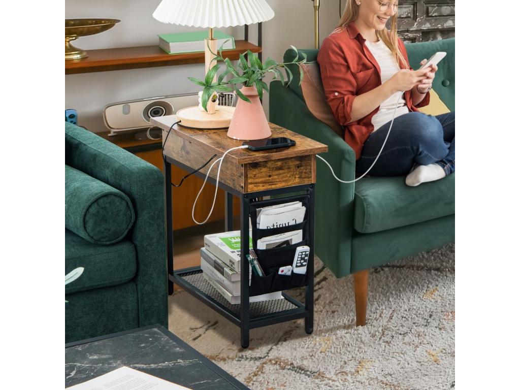 Side table with power outlet, 60x30x58.5 cm, rustic brown and black, CSVM68562