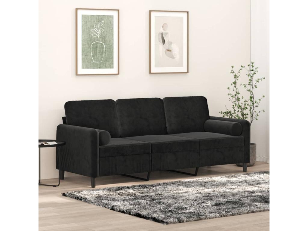 3-seater sofa with decorative cushions, black, 180 cm, velvet, GTMZ20695