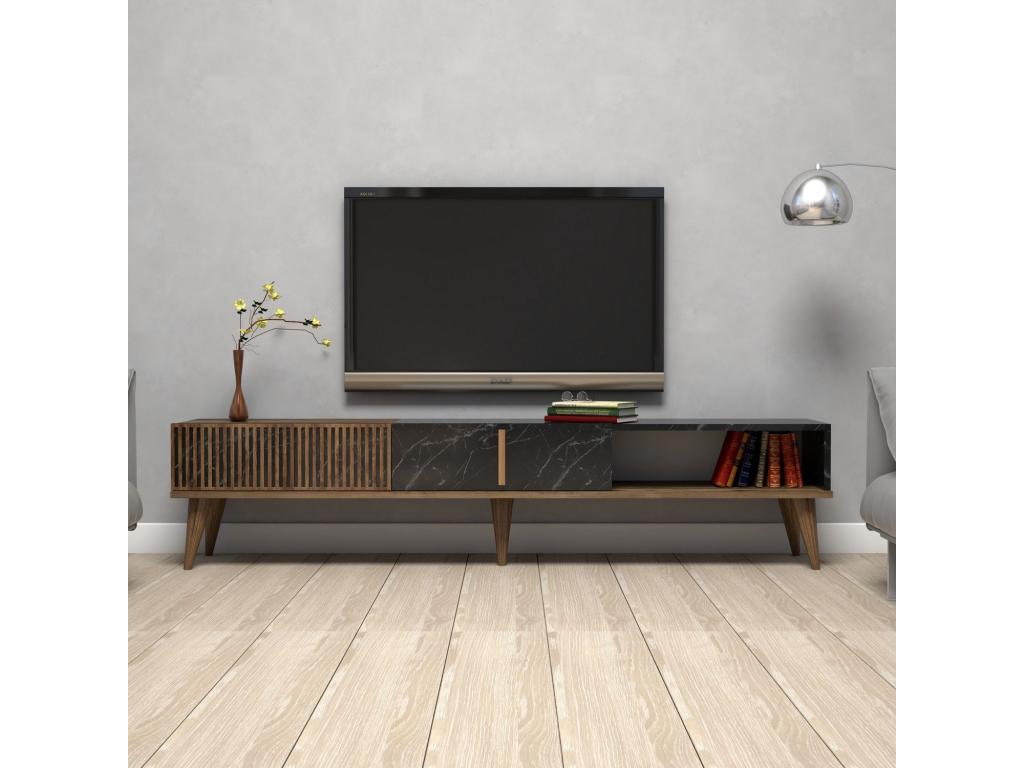 Nobellea TV stand with 2 doors and 1 shelf, 180cm, Dark wood and Black marble effect, WTAU21129