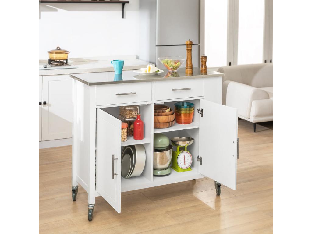 Nobellea Rolling Kitchen Trolley with Side Shelf, Doors and Drawers Fkw108-w BKEL40123